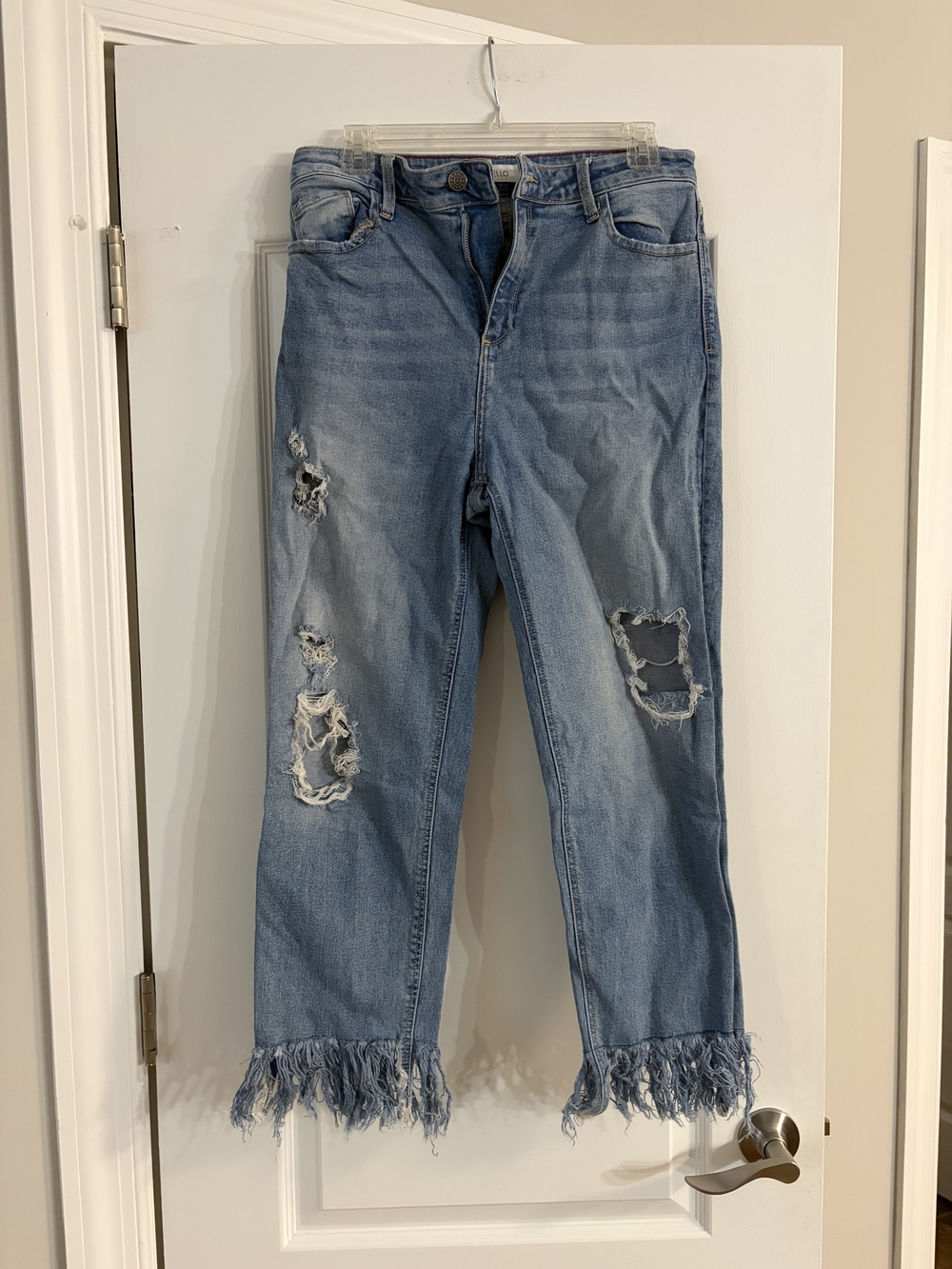 Cello Light Blue Straight-Leg Distressed Jeans with Fringe Hem